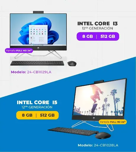 HP AIO 24-cb1029la * Procesador: Intel Core i3-1215U * Memoria RAM: 8GB DDR4 * Almacenamiento: 512GB SSD * Pantalla: 23.8″ FHD * Sistema Operativo: FreeDOS * Color: Negro
